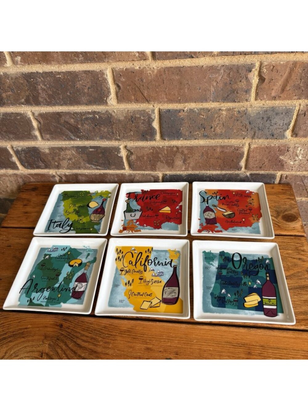 Crate and Barrel 5.75” Square Wine Of The World Tapas Plates Spain France Italy